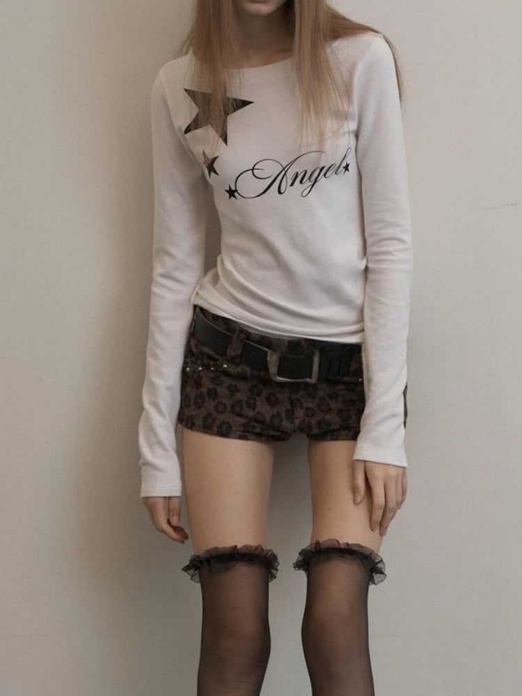 Y2k Aesthetic Letter Star Printing Vintage Tshirts Women Straight Barrel Grunge Autumn Tees Harajuku Simple Streetwear T Shirt