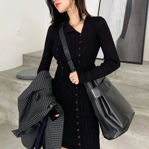 Load image into Gallery viewer, Fall Winter Ladies Long and Short Slim Fit Sexy Double Breasted Solid Dress Women Knitted Basic Jumper C-096
