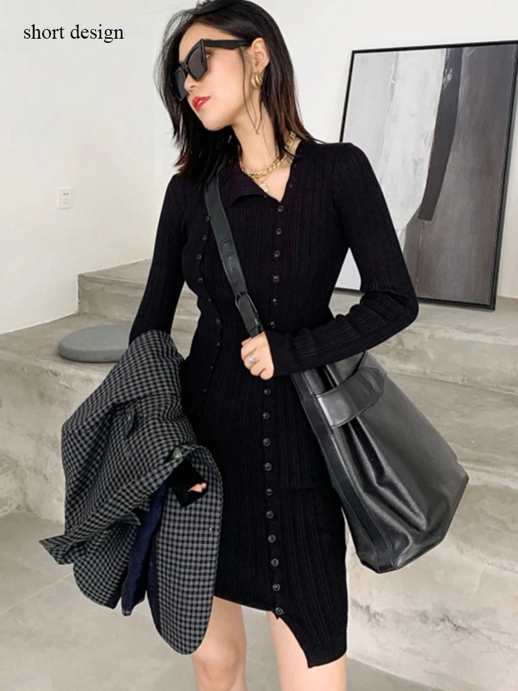 Fall Winter Ladies Long and Short Slim Fit Sexy Double Breasted Solid Dress Women Knitted Basic Jumper C-096