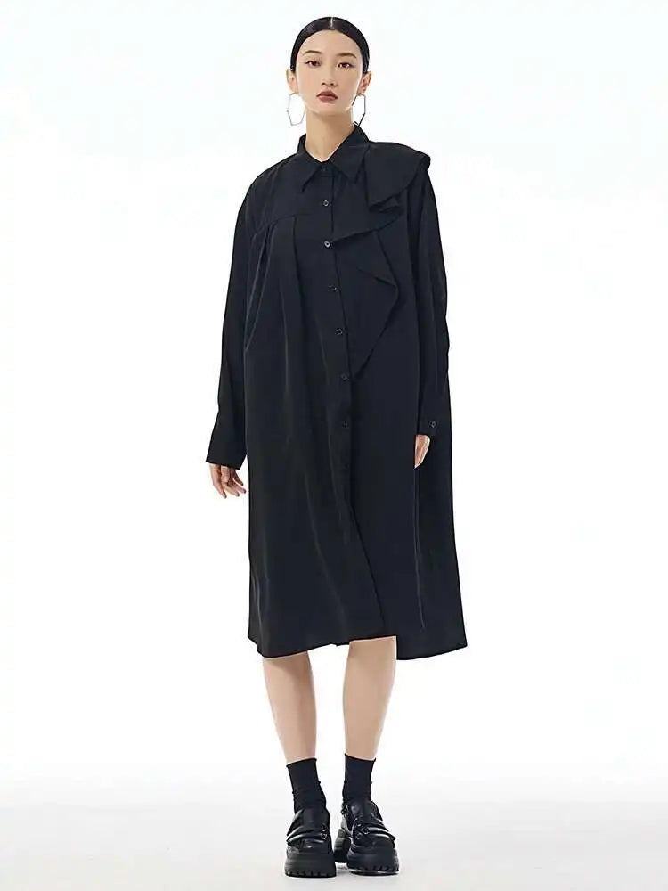 Women Gray Ruffles Pleated Midi Elegant Big Size Shirt Dress New Lapel Long Sleeve Fashion Tide Spring Autumn 2025 1DH7415