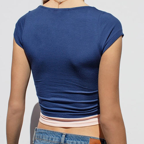 Load image into Gallery viewer, Square Neck Fake Two Pieces T-shirts Women&#39;s Contrast Color Skinny Short Sleeve Cropped Tops Summer Basic Tee Shirts
