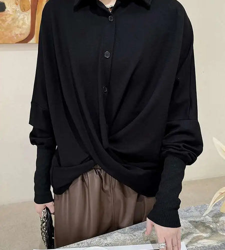 Women Black Irregular Cross Short Big Size Blouse New Lapel Long Sleeve Shirt Fashion Tide Spring Autumn 2025 Black