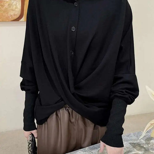 Load image into Gallery viewer, Women Black Irregular Cross Short Big Size Blouse New Lapel Long Sleeve Shirt Fashion Tide Spring Autumn 2025 Black
