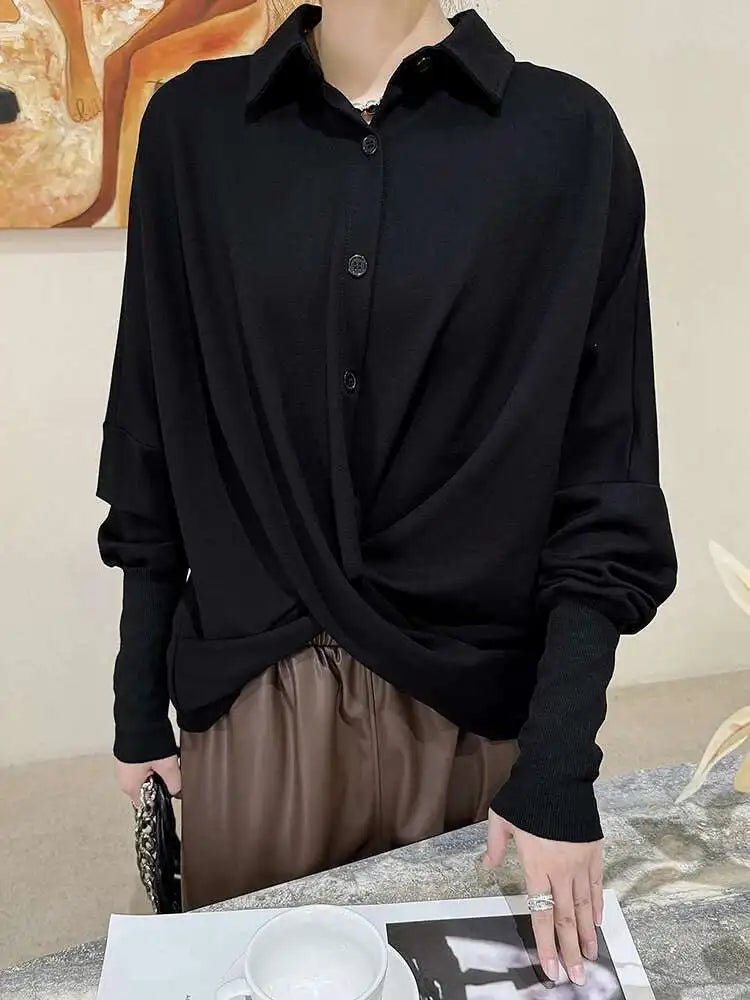 Women Black Irregular Cross Short Big Size Blouse New Lapel Long Sleeve Shirt Fashion Tide Spring Autumn 2025 Black