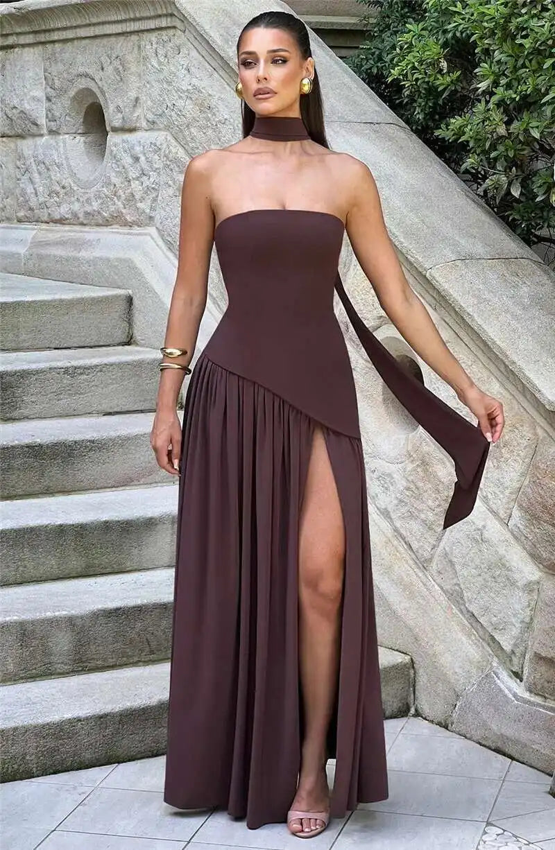 Strapless Off-shoulder Sexy Maxi Dress For Women Gown Patchwork Scarf Collar Thigh High Split Club Party Long Dress