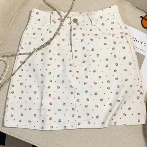 Load image into Gallery viewer, French Summer Women's Sweet Elegant Holiday Slim Wrapped Hip Short Skirt Vintage High Waist Strawberry Print Mini Skirts Fashion
