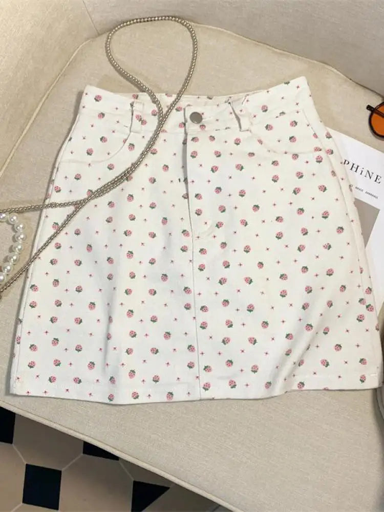 French Summer Women's Sweet Elegant Holiday Slim Wrapped Hip Short Skirt Vintage High Waist Strawberry Print Mini Skirts Fashion