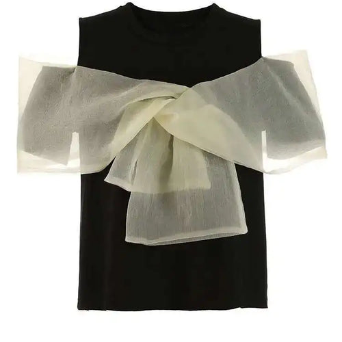 Load image into Gallery viewer, Women pink Color Mesh Bow Off Shoulder Elegant T-shirt New Round Neck Short Sleeve Fashion Tide Spring Summer 2025 1DF8193
