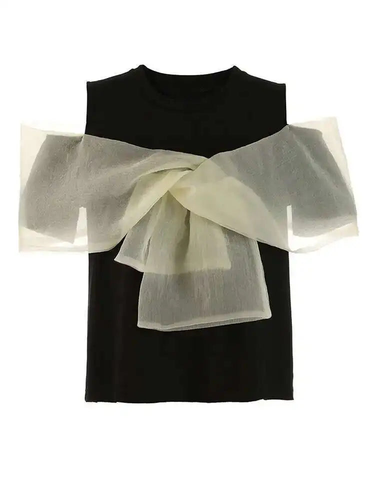 Women pink Color Mesh Bow Off Shoulder Elegant T-shirt New Round Neck Short Sleeve Fashion Tide Spring Summer 2025 1DF8193