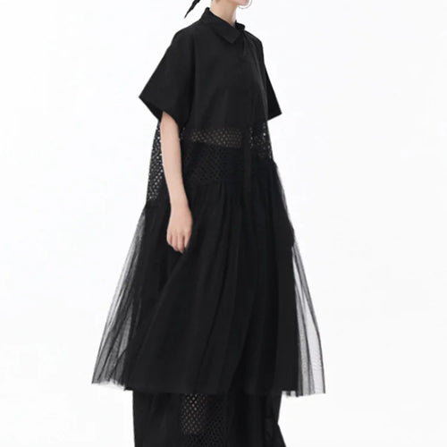 Load image into Gallery viewer, Women White Mesh Color-block Big Size Midi Shirt Dress New Lapel Short Sleeve Fashion Tide Spring Summer 2025 1DJ0045
