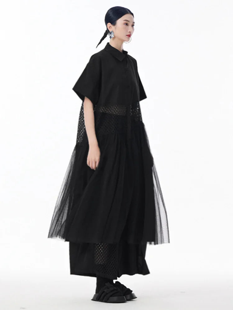 Women White Mesh Color-block Big Size Midi Shirt Dress New Lapel Short Sleeve Fashion Tide Spring Summer 2025 1DJ0045