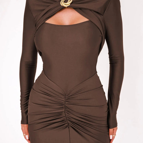 Load image into Gallery viewer, Elegant Long Sleeved Elastic Tight Long Dress Women Bodycon Pleated Party Club Evening Dress Hollowed Out Slim Vestido
