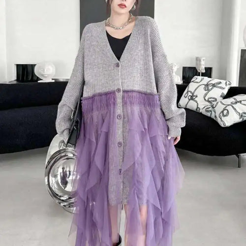 Load image into Gallery viewer, Women Black Big Size Knitting Mesh Irregular Sweater Dress New V-Neck Long Sleeve Fashion Spring Autumn 2025 1DH2366
