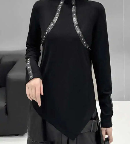 Women Black Rivet Leather Irregular Slim CasualT-shirt New Turtleneck Long Sleeve Fashion Tide Spring Autumn 2025 1DH9991