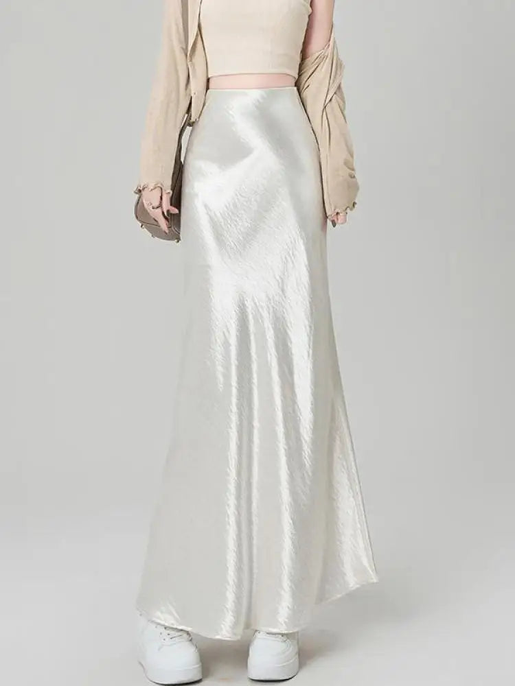 French Fashion Women Black Beige High Waist Long Skirt 2025 Spring Summer Khaki Vacation Party Pleated Fishtail Skirt Simplicity