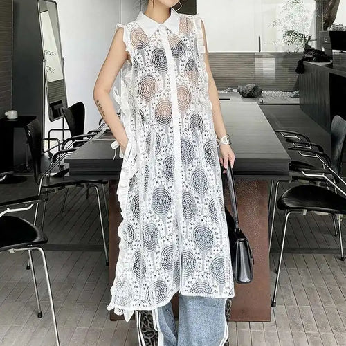Load image into Gallery viewer, Women White Lace Perspective Ruffles Big Size Shirt Dress New Lapel Sleeveless Fashion Tide Spring Summer 2025 1DH6069
