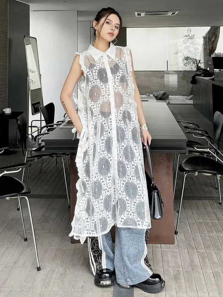 Women White Lace Perspective Ruffles Big Size Shirt Dress New Lapel Sleeveless Fashion Tide Spring Summer 2025 1DH6069