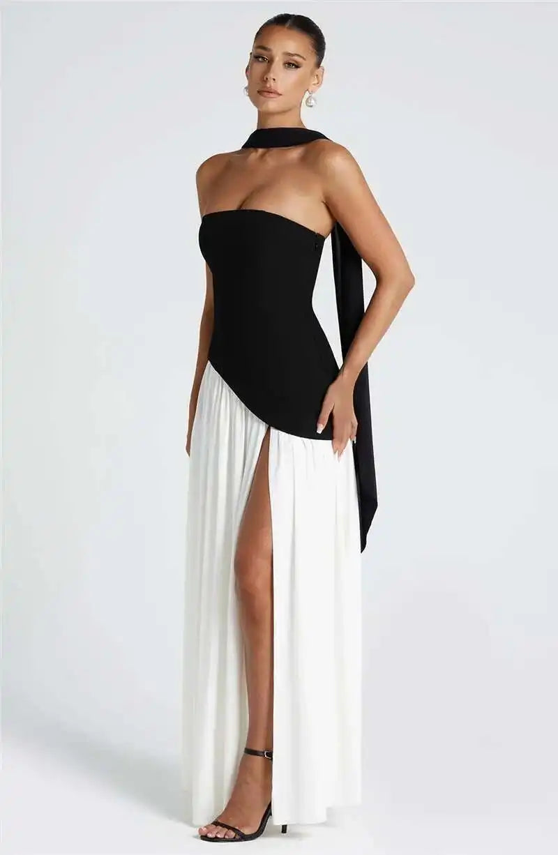 Strapless Off-shoulder Sexy Maxi Dress For Women Gown Patchwork Scarf Collar Thigh High Split Club Party Long Dress