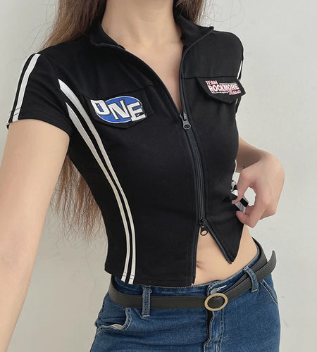 Streetwear Skinny Stripe Letter Zip-up Female T-shirt Casual Moto&Biker Cropped Top Tee Contrast Summer Shirt Outfits