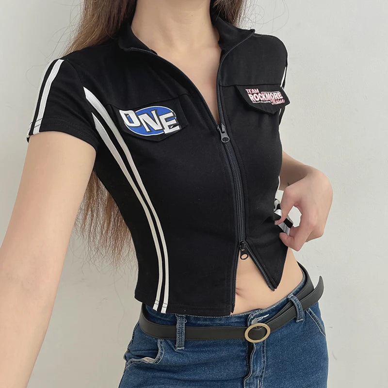 Streetwear Skinny Stripe Letter Zip-up Female T-shirt Casual Moto&Biker Cropped Top Tee Contrast Summer Shirt Outfits