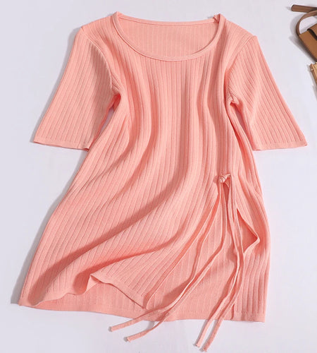 Chinese Style Summer Solid Short Sleeve Split Knitted T Shirt Women Round Neck Cotton Pullover Tops 2024 Popular Streetwear Chic