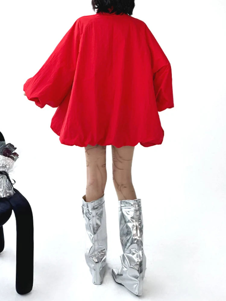 Red Shaped Big Size Casual Jacket New Stand Collar Long Lantern Sleeve Women Coat Fashion Tide Spring Autumn 2025  1DJ0578