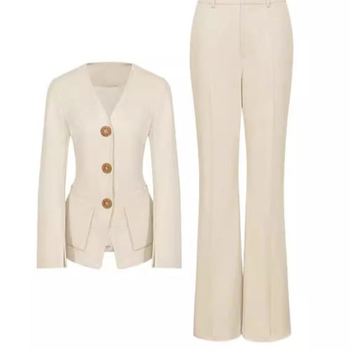 Load image into Gallery viewer, Slimming Temperament Two Piece Sets for Women V Neck Long Sleeves Spliced Button Blazer High Waist Pant Set Female
