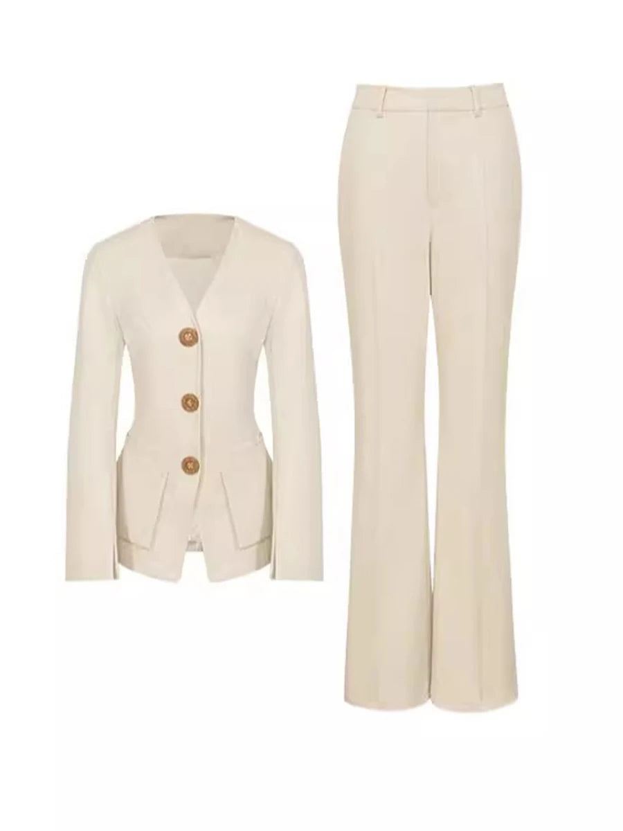 Slimming Temperament Two Piece Sets for Women V Neck Long Sleeves Spliced Button Blazer High Waist Pant Set Female