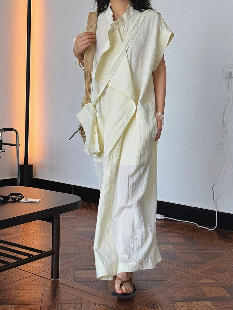 Women  Beige Ruffles Big Size Elelgant Long Dress New Stand Collar Short Sleeve Fashion Tide Spring Summer 2025 1DJ1406