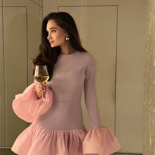 Load image into Gallery viewer, Long Flare Sleeve Knitted Sexy Mini Dress For Women Autumn Winter New Patchwork O Neck A-line Knit Puffy Dress Elegant
