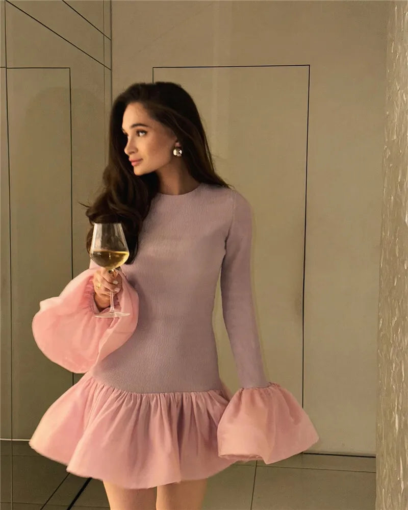 Long Flare Sleeve Knitted Sexy Mini Dress For Women Autumn Winter New Patchwork O Neck A-line Knit Puffy Dress Elegant