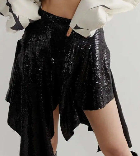 High Waist Black Asymmetrical Hem Sequins Shining Mini Half-body Skirt Women Fashion Tide New Spring Summer 2025 1DH6944