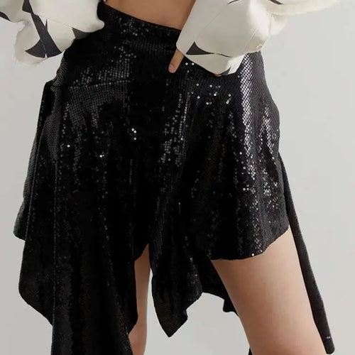 Load image into Gallery viewer, High Waist Black Asymmetrical Hem Sequins Shining Mini Half-body Skirt Women Fashion Tide New Spring Summer 2025 1DH6944
