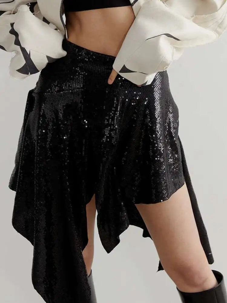 High Waist Black Asymmetrical Hem Sequins Shining Mini Half-body Skirt Women Fashion Tide New Spring Summer 2025 1DH6944