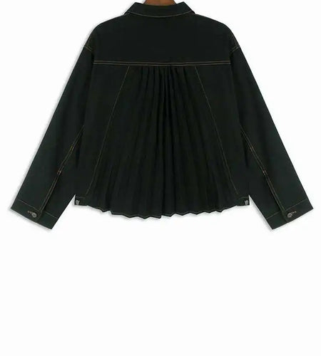 Black Denim Back Pleated Big Size Short Jacket New Lapel Long Sleeve Women Coat Fashion Tide Spring Autumn 2025 1DH7895