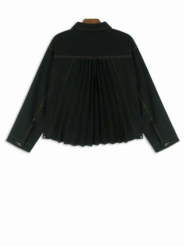 Black Denim Back Pleated Big Size Short Jacket New Lapel Long Sleeve Women Coat Fashion Tide Spring Autumn 2025 1DH7895