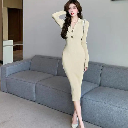 Load image into Gallery viewer, Women Autumn Black Knit Dress 2023 Beige Streetwear Slim Midi Long Dress Ladies Casual Blue Button Office Lady Bodycon Dresses
