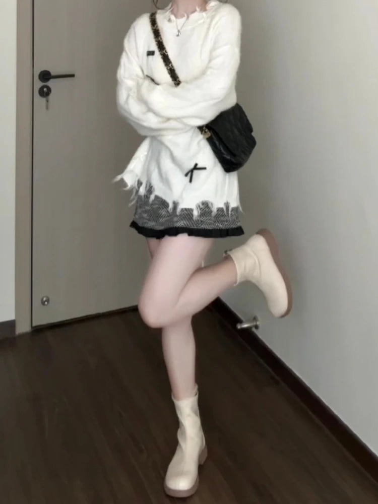 Y2k Aesthetic Hole Autumn Women Sweaters Casual Loose Bow Grunge Knitted Simple Pullovers 2025 Harajuku Solid Tops Pull Femme