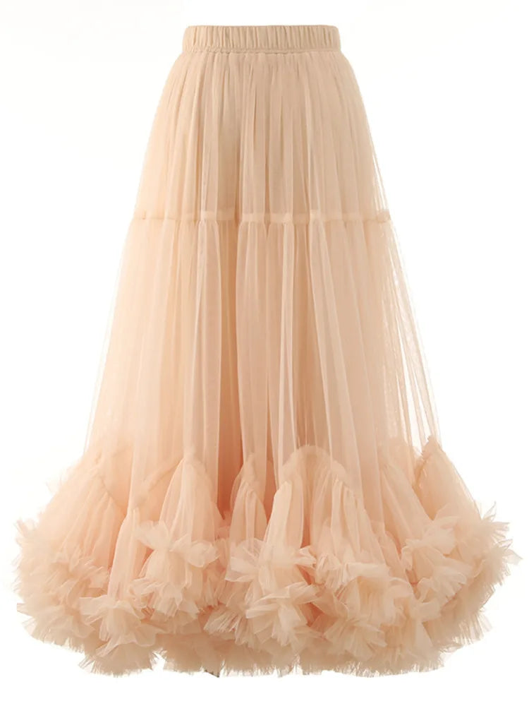 High Elastic Waist Red Mech Ruffles A-line Elegant Midi Half-body Skirt Women Fashion New Spring Autumn 2025 1DH2027