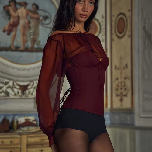 Load image into Gallery viewer, Wine Red Chiffon Long Sleeve Sexy T-shirt Women Fashion Elegant Lace-up Backless High Waist T-shirts Tops Loose Tees
