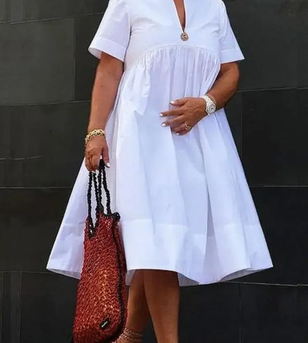 Basics White Midi Dresses for Women Summer 2025 Loose Short Sleeves Deep V-Neck Simple Party Evening Shirt Dress