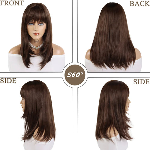 Load image into Gallery viewer, Synthetic Long Brown Wig with Bangs Straight Hairstyle Natural Wigs for White Women Fashion Haircut Daily Use Party Wig
