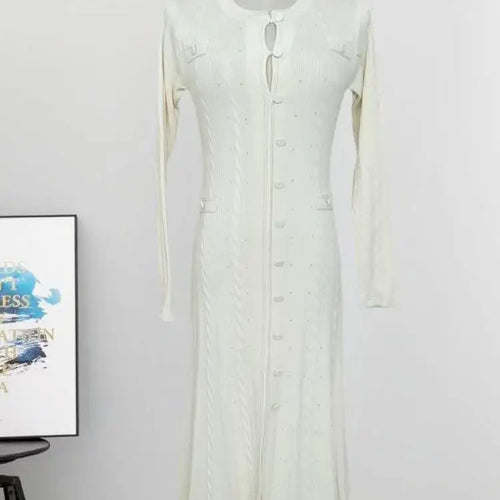 Load image into Gallery viewer, French Fashion Women Black Long Sleeve Round Neck Knitted Dress 2024 Autumn Winter New Beige Single Breasted Holiday Dress Trend
