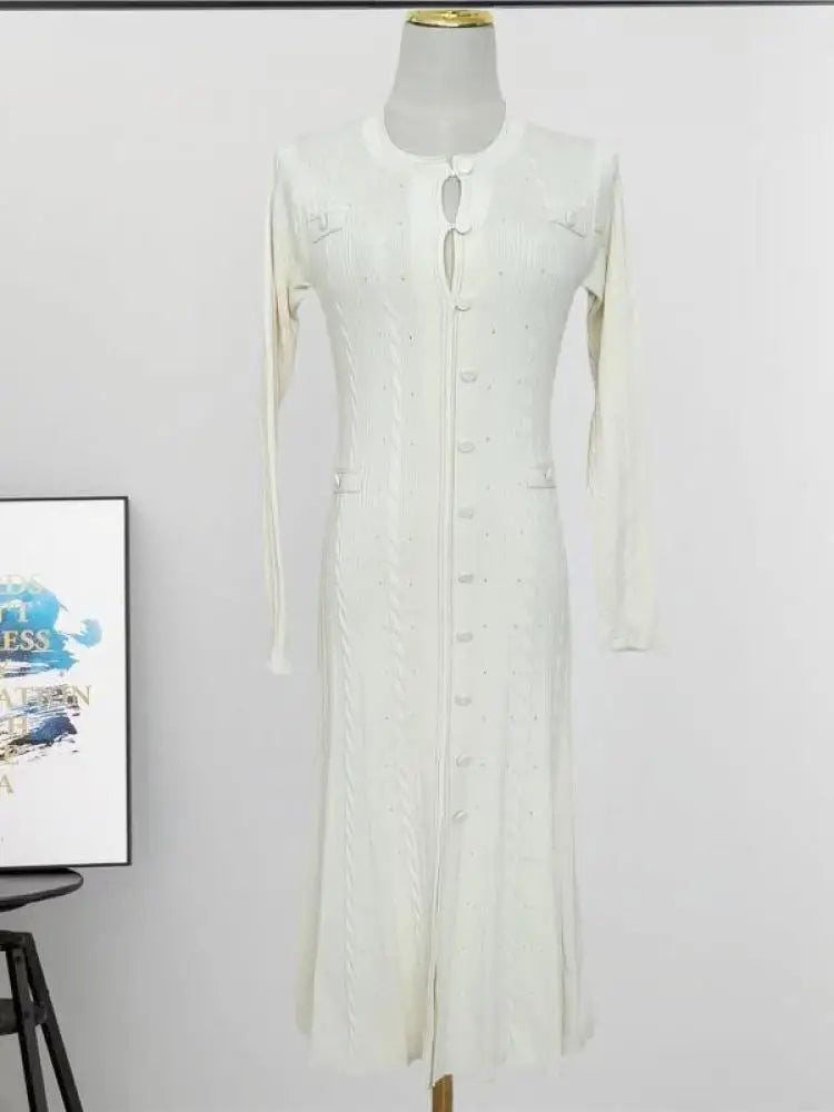 French Fashion Women Black Long Sleeve Round Neck Knitted Dress 2024 Autumn Winter New Beige Single Breasted Holiday Dress Trend