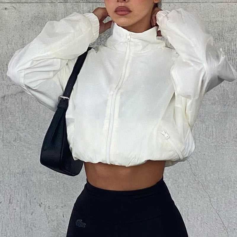 Streetwear White Loose Autumn Jacket for Women Zip-up Sporty Chic Fashion Trench Coat Moto&Biker Style Outwear Jacket