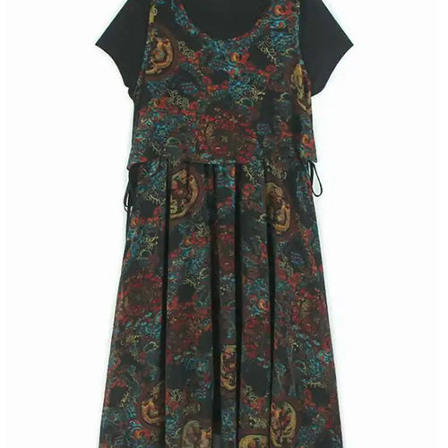 Load image into Gallery viewer, Women Black Pattern Printed Big Size Midi Dress New Round Neck Short Sleeve Fashion Tide Spring Summer 2025 1DJ0298
