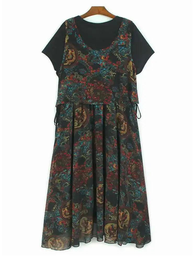 Women Black Pattern Printed Big Size Midi Dress New Round Neck Short Sleeve Fashion Tide Spring Summer 2025 1DJ0298