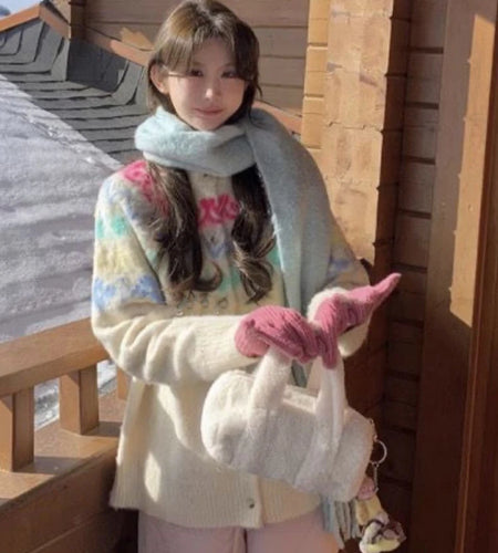 Sweet Y2k Aesthetic Casual Single Breasted Cardigans Women Autumn Jacquard Harajuku Tops Vintage Grunge Contrast Color Sweaters