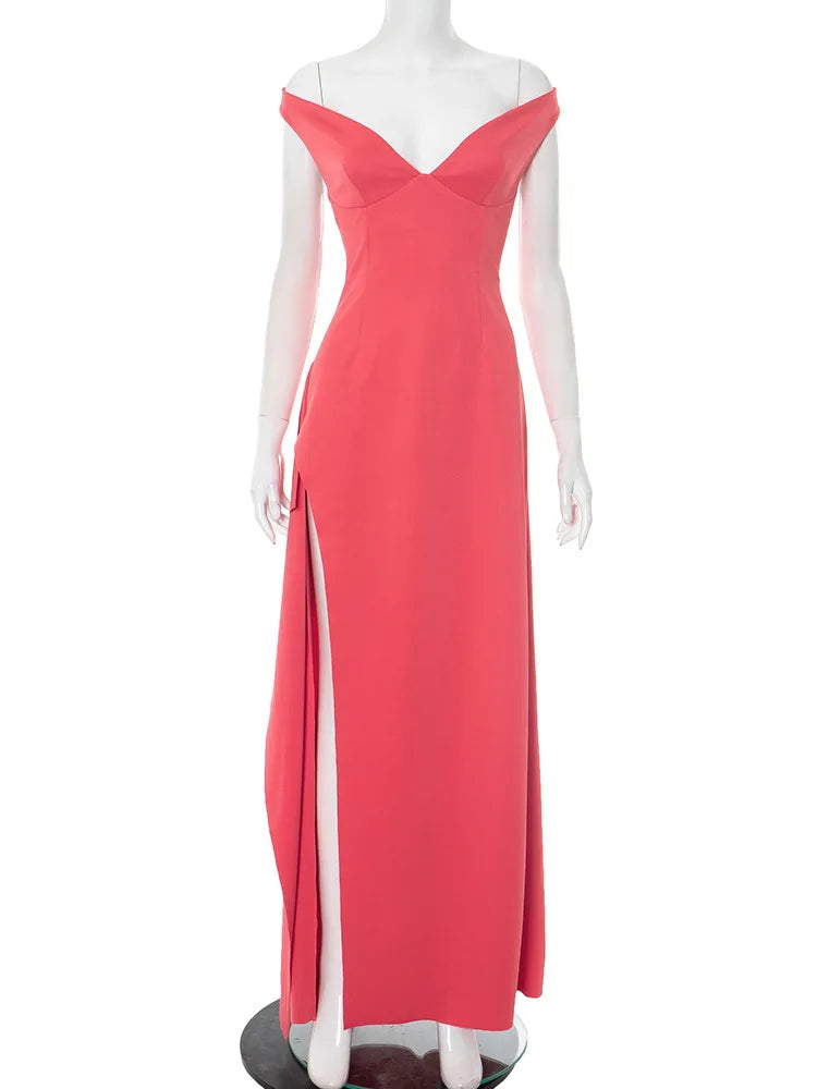 Off-shoulder Backless Split Sexy Maxi Dress Women Gown Pink Summer New Zipper Strapless Evening Club Party Long Dress