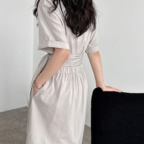 Load image into Gallery viewer, Women Navy Blue Cross Bandage Big Size Elegant Midi Dress New Round Neck Short Sleeve Fashion Spring Summer 2025 1DJ1359
